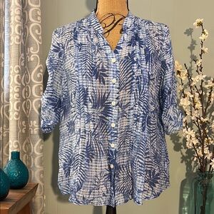 Ruby Rd. Tropical Floral Print Lightweight Blouse With Button Camp Sleeves PM